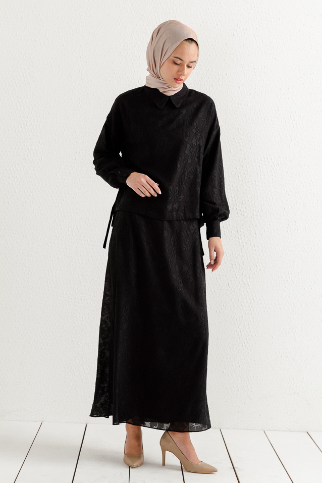 NİHAN Takım Nihan Yandan Yırtmaçlı Bağlamalı Etek Bluz Takım  Siyah_modest