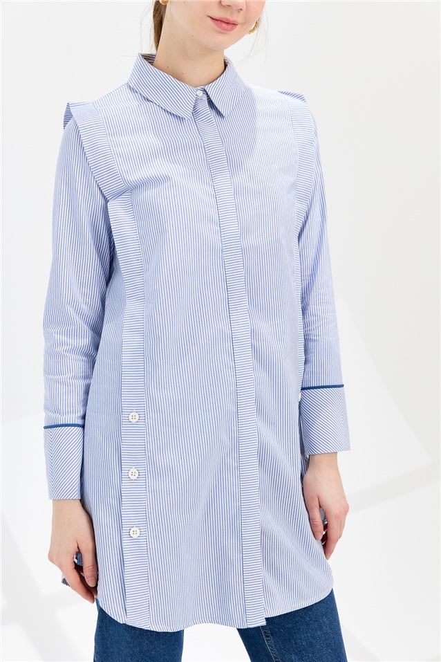 NİHAN Tunic Nihan Yanları Düğme Detaylı Gömlek Tunik  Mavi_modest