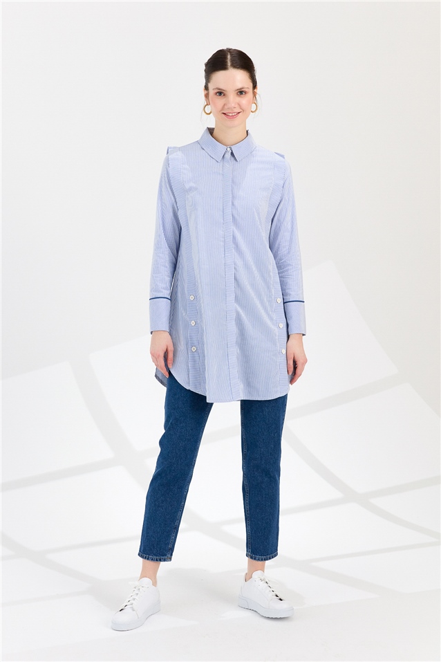 NİHAN Tunik Nihan Yanları Düğme Detaylı Gömlek Tunik  Mavi_modest